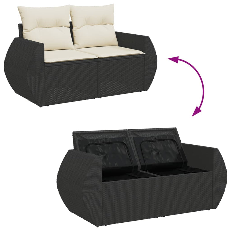 vidaXL 2 személyes fekete polyrattan kerti kanapé párnával