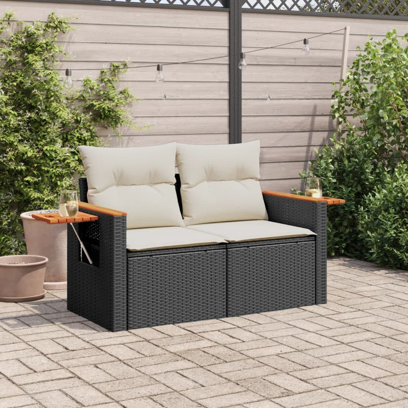 vidaXL 2 személyes fekete polyrattan kerti kanapé párnával