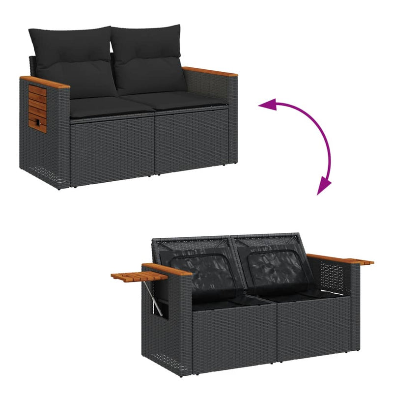 vidaXL 2 személyes fekete polyrattan kerti kanapé párnával