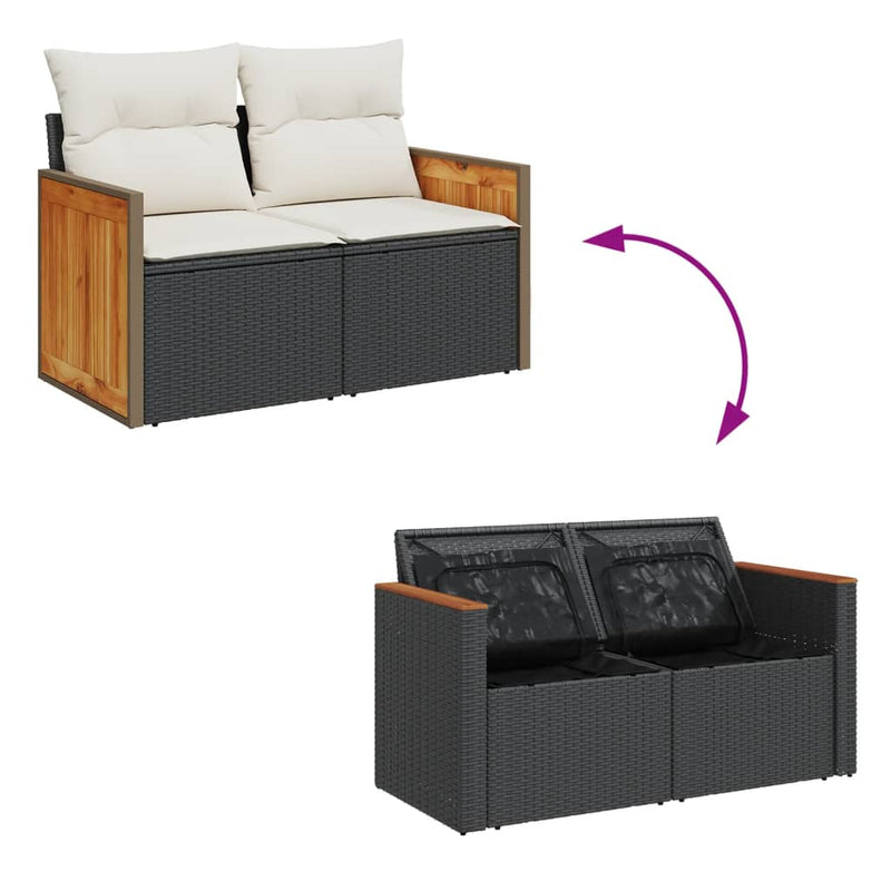 vidaXL 2 személyes fekete polyrattan kerti kanapé párnával