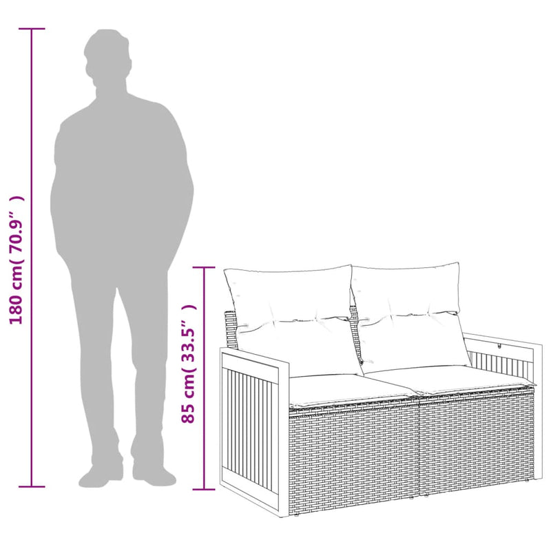 vidaXL 2 személyes fekete polyrattan kerti kanapé párnával