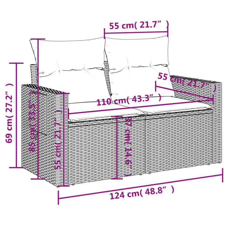 vidaXL 2 személyes szürke polyrattan kerti kanapé párnával