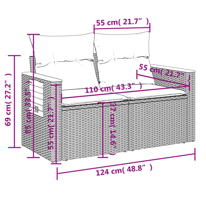 vidaXL 2 személyes szürke polyrattan kerti kanapé párnával