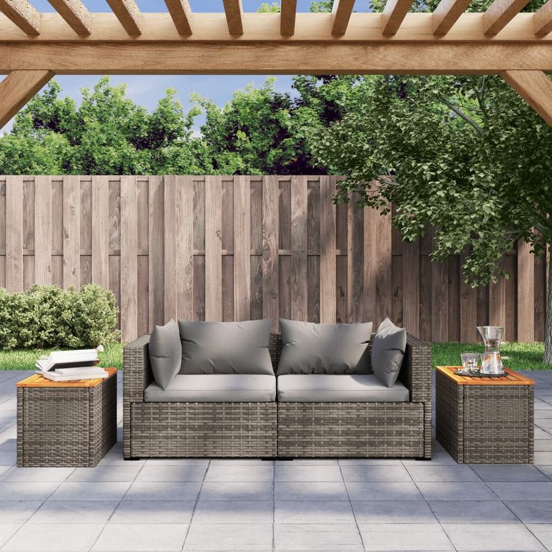 vidaXL 2 db szürke polyrattan és tömör fa kerti kisasztal 55x34x37 cm