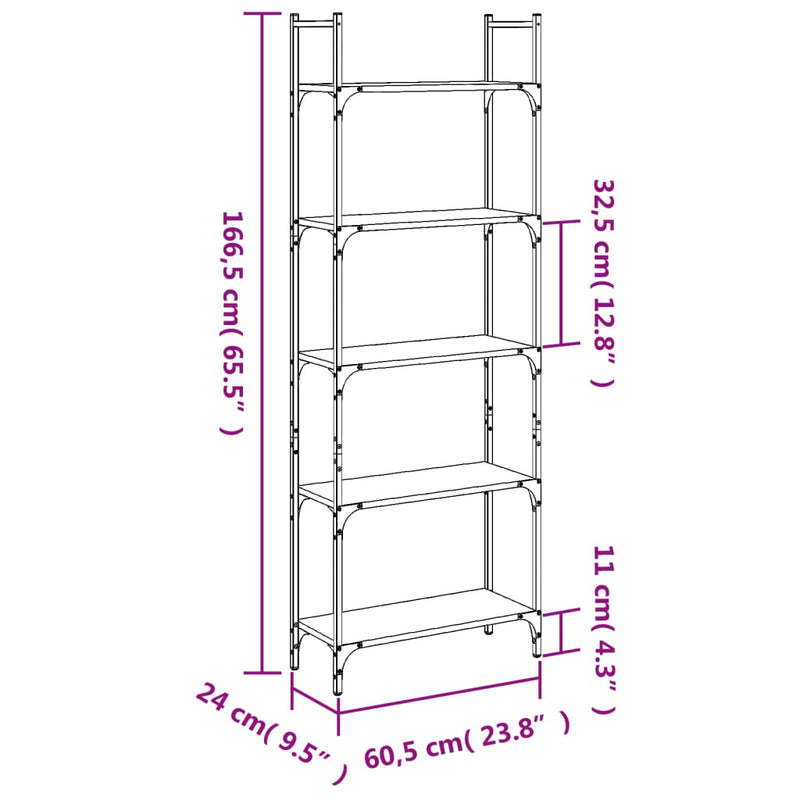 vidaXL 5 szintes szürke sonoma szerelt fa könyvespolc 60,5x24x166,5 cm