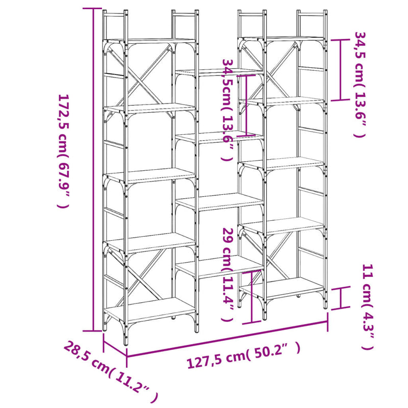 vidaXL fekete szerelt fa könyvespolc 127,5x28,5x172,5 cm