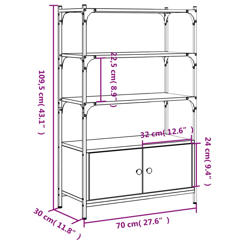 vidaXL 3 szintes szürke sonoma szerelt fa könyvespolc 70x30x109,5 cm