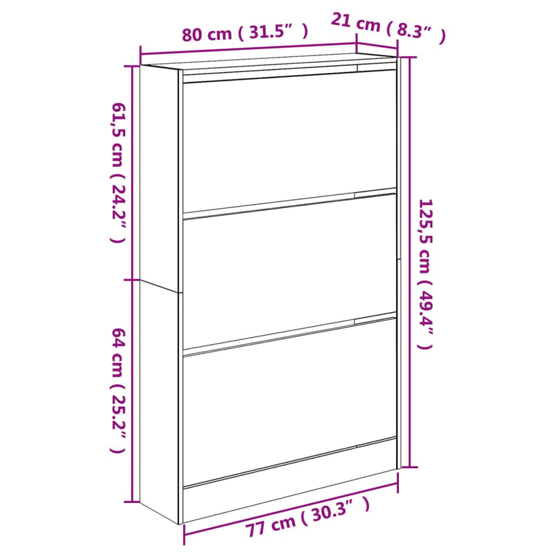 vidaXL fehér szerelt fa cipőszekrény 80 x 21 x 125,5 cm