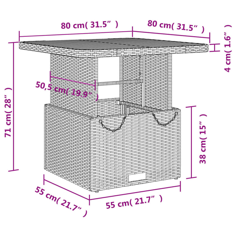 vidaXL bézs polyrattan és akácfa kerti asztal 80 x 80 x 71 cm