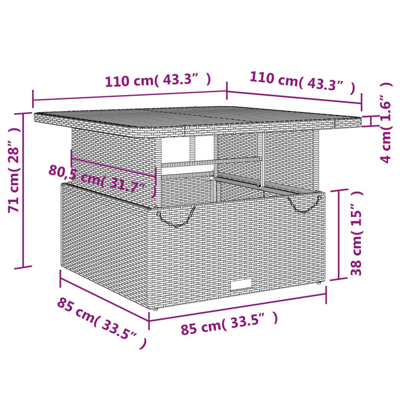 vidaXL fekete polyrattan és akácfa kerti asztal 110 x 110 x 71 cm