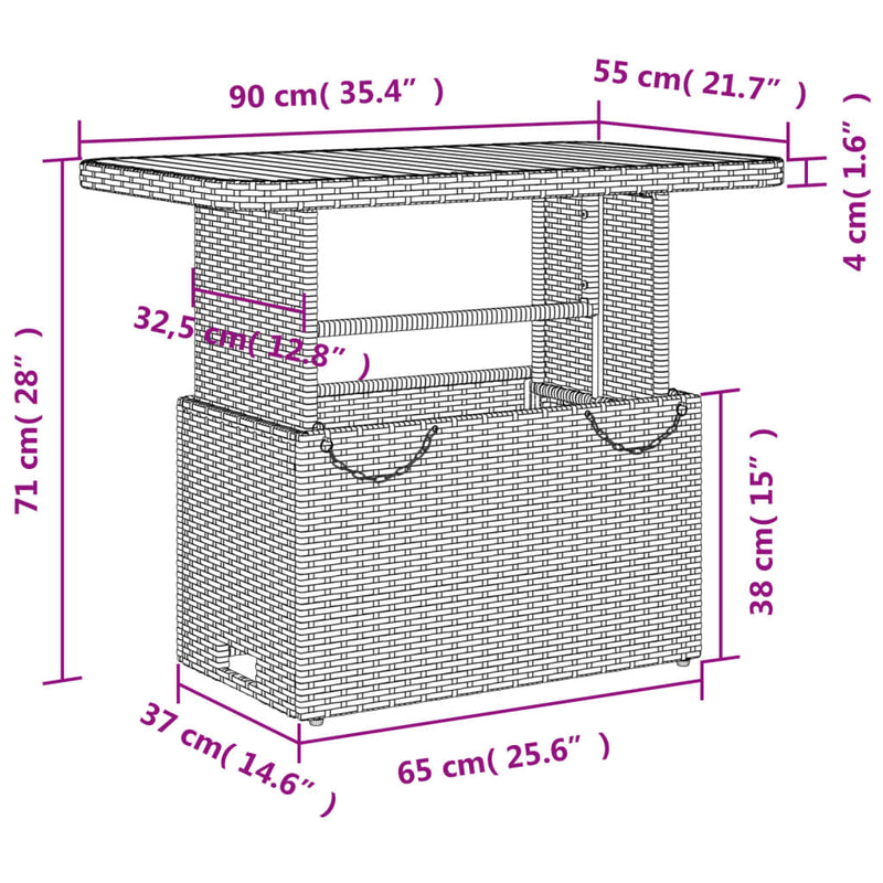 vidaXL fekete polyrattan és akácfa kerti asztal 90 x 55 x 71 cm