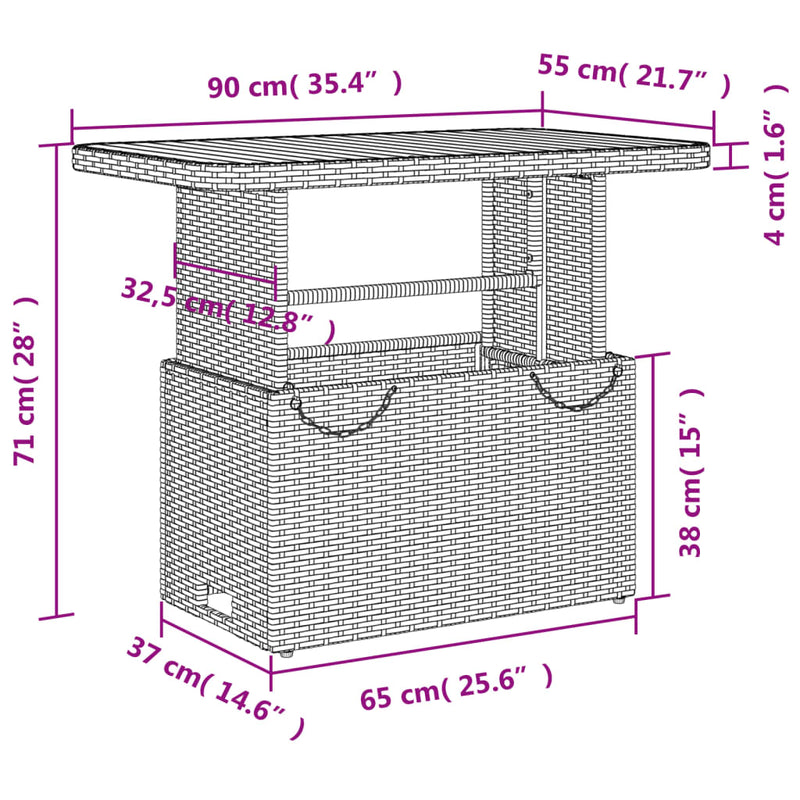 vidaXL szürke polyrattan és akácfa kerti asztal 90 x 55 x 71 cm