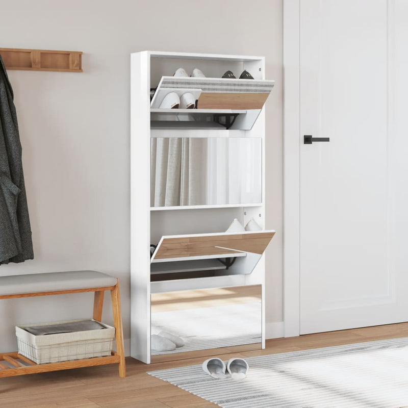 vidaXL 4 szintes magasfényű fehér cipőszekrény tükörrel 63x17x134 cm