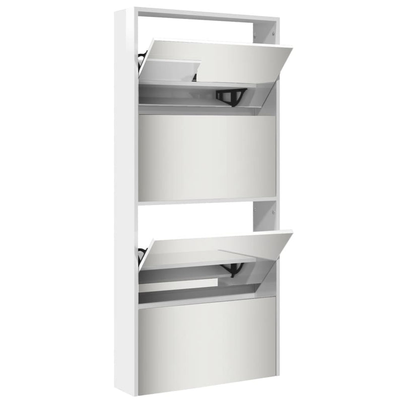 vidaXL 4 szintes magasfényű fehér cipőszekrény tükörrel 63x17x134 cm